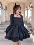 Purpdrank - White Lolita Dress Kawaii Vinatge Long Sleeve Mini Dresses Black Gothic Bandage Lace Patchwork Streetwear Square Collar