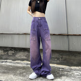 Purpdrank - Purple Baggy Jeans Women Boyfriend Style High Waist Gradient Color Washed Y2k Cargo Pants Mopping Straight Denim Trousers