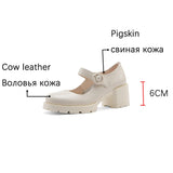 Purpdrank - New Cow Leather Mary Jane Women's Shoes LEISURE Buckle Platform Shoes Shallow Pumps Round Toe Shoes Woman Zapatos De Mujer