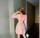 Purpdrank - Japanese Autumn Women Mini Lolita Dress Square Collar With Lace Pink Plaid Beading Dress Flare Sleeve Cute Kawaii Feminine Dress