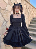 Purpdrank - White Lolita Dress Kawaii Vinatge Long Sleeve Mini Dresses Black Gothic Bandage Lace Patchwork Streetwear Square Collar