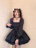 Purpdrank - White Lolita Dress Kawaii Vinatge Long Sleeve Mini Dresses Black Gothic Bandage Lace Patchwork Streetwear Square Collar