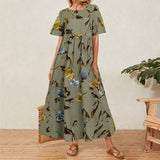 Purpdrank - Hot Sales Vintage Floral Long Dress Women Summer Elegant Linen Short Sleeve Boho Maxi Dress Female Holiday Sundress Party Dresses Vestidos