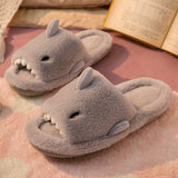 Purpdrank - Autumn And Winter Cartoon Shark Wool Slippers For Women Soft Home Men's Indoor Household Open Toe Plush Cotton Slippers