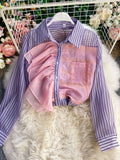 Purpdrank - 2023 Spring Summer New Fashion Striped Shirt Women's Ruffled Loose Thin Long Sleeve Shirt Tops  Blouse