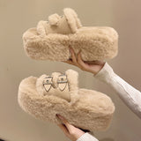 Purpdrank - Female Shoes Med Plush Slippers For Adults Slides Fashion Platform Flock Fur Luxury Flat Autumn Fabric