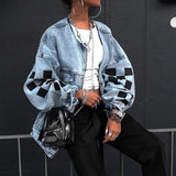 Purpdrank - Plaid Print Zipper Denim Jacket 2023 Summer New Ladies Loose Jean Jacket Hip Hop Trend Streetwear Ladies Tops Denim Jacket Coat