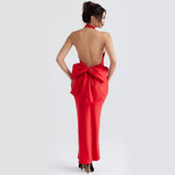 Purpdrank - Maxi Back Big Bow Prom Evening Party Dresses Sexy Backless Bodycon Satin Dress Halter Elegant Dresses For Women