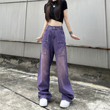 Purpdrank - Purple Baggy Jeans Women Boyfriend Style High Waist Gradient Color Washed Y2k Cargo Pants Mopping Straight Denim Trousers