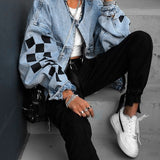 Purpdrank - Plaid Print Zipper Denim Jacket 2023 Summer New Ladies Loose Jean Jacket Hip Hop Trend Streetwear Ladies Tops Denim Jacket Coat