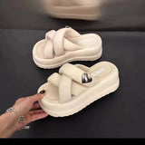 Purpdrank - Shoes Woman 2023 Female Slippers Luxury Slides Platform Med New Soft Flat Designer Summer PU Rubber Casual Fashion Cross-tied