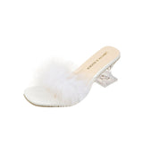 Purpdrank - Feather Slippers Transparent Strange High Heels For Women Fashion Clear PVC Square Open Toe Fur Sandals Heels Ladies Mules Slide