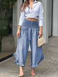 Purpdrank - Summer Spring Crop Top Ruffles Wide Leg Long Pants Set Outfits Two Pieces Shirt Women 2023 Casual Fashion Suit Button