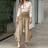 Purpdrank - Summer Spring Crop Top Ruffles Wide Leg Long Pants Set Outfits Two Pieces Shirt Women 2023 Casual Fashion Suit Button