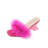 Purpdrank - Feather Slippers Transparent Strange High Heels For Women Fashion Clear PVC Square Open Toe Fur Sandals Heels Ladies Mules Slide