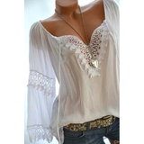 Purpdrank - Large Size Women Openwork Lace Long-Sleeved Blouse Solid Color Large V-Neck Casual Tops