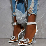 Purpdrank - White Casual Patchwork Pearl With Bow Rhinestone Square Out Door Shoes (Heel Height 4.53in)