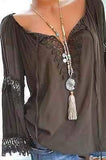 Purpdrank - Large Size Women Openwork Lace Long-Sleeved Blouse Solid Color Large V-Neck Casual Tops