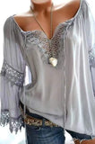 Purpdrank - Large Size Women Openwork Lace Long-Sleeved Blouse Solid Color Large V-Neck Casual Tops