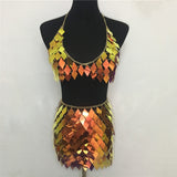 Purpdrank - Glisten Rhombic Sequins Two Piece Set Hollow Out Metal Chain Crop Tops Sexy Mini Skirt Summer Rave Festival Lady Outfits