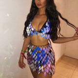 Purpdrank - Glisten Rhombic Sequins Two Piece Set Hollow Out Metal Chain Crop Tops Sexy Mini Skirt Summer Rave Festival Lady Outfits