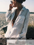 Purpdrank - Sexy New Shirt Beach Up White Beach Dress Loose Blouse Tunic Pocket Long Sleeve Swimsuit Cover Up Casual Beachwear