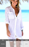 Purpdrank - Sexy New Shirt Beach Up White Beach Dress Loose Blouse Tunic Pocket Long Sleeve Swimsuit Cover Up Casual Beachwear