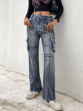 Purpdrank - Vintage Jeans woman Low Waisted Pockets Trousers Baggy Casual  women Denim Cargo Pants Women Straight Hot Korean Jeans 90s